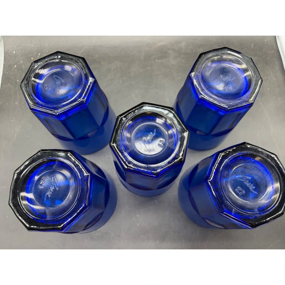 Crisa Cobalt Blue Glass Tumblers Set of 5 Paneled Drinking Glasses 6oz